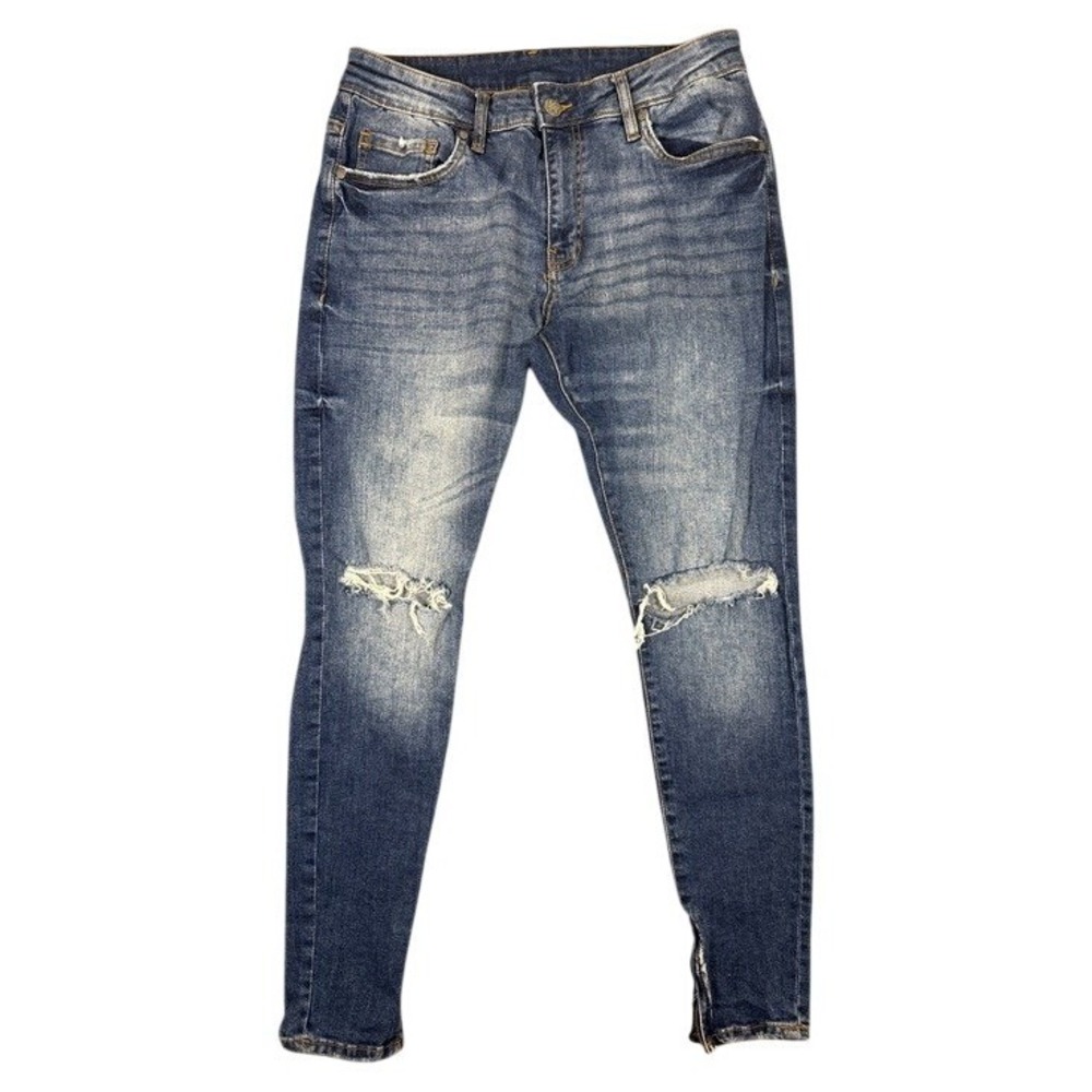 YoungLA Men Skinny Distressed Ripped Knee Blue Jeans Medium Wash 30x30 Ankle Zip